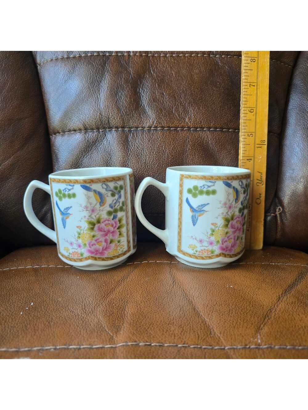 Vintage HOMCO Japan Hummingbird Coffee Mugs Floral Peony Gold Trim Set of 2